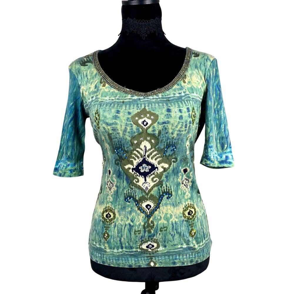 Vtg y2k Forbidden beaded hippie burnout hippie whimsigoth green blue blouse sz s